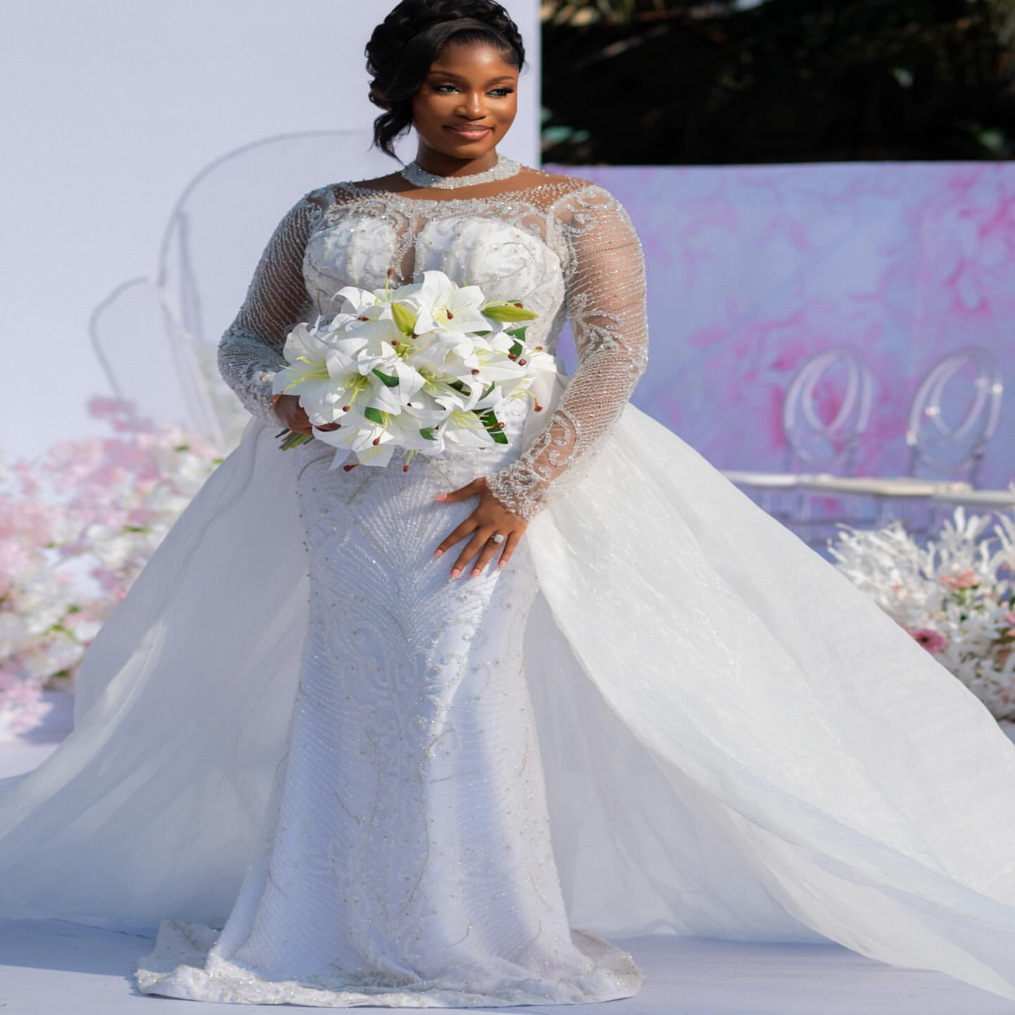 African Aso Ebi 2026 White Mermaid Wedding Dress Beaded Crystals Sequined Detachable Train Sparkly Bridal Gowns Dresses ZJ221