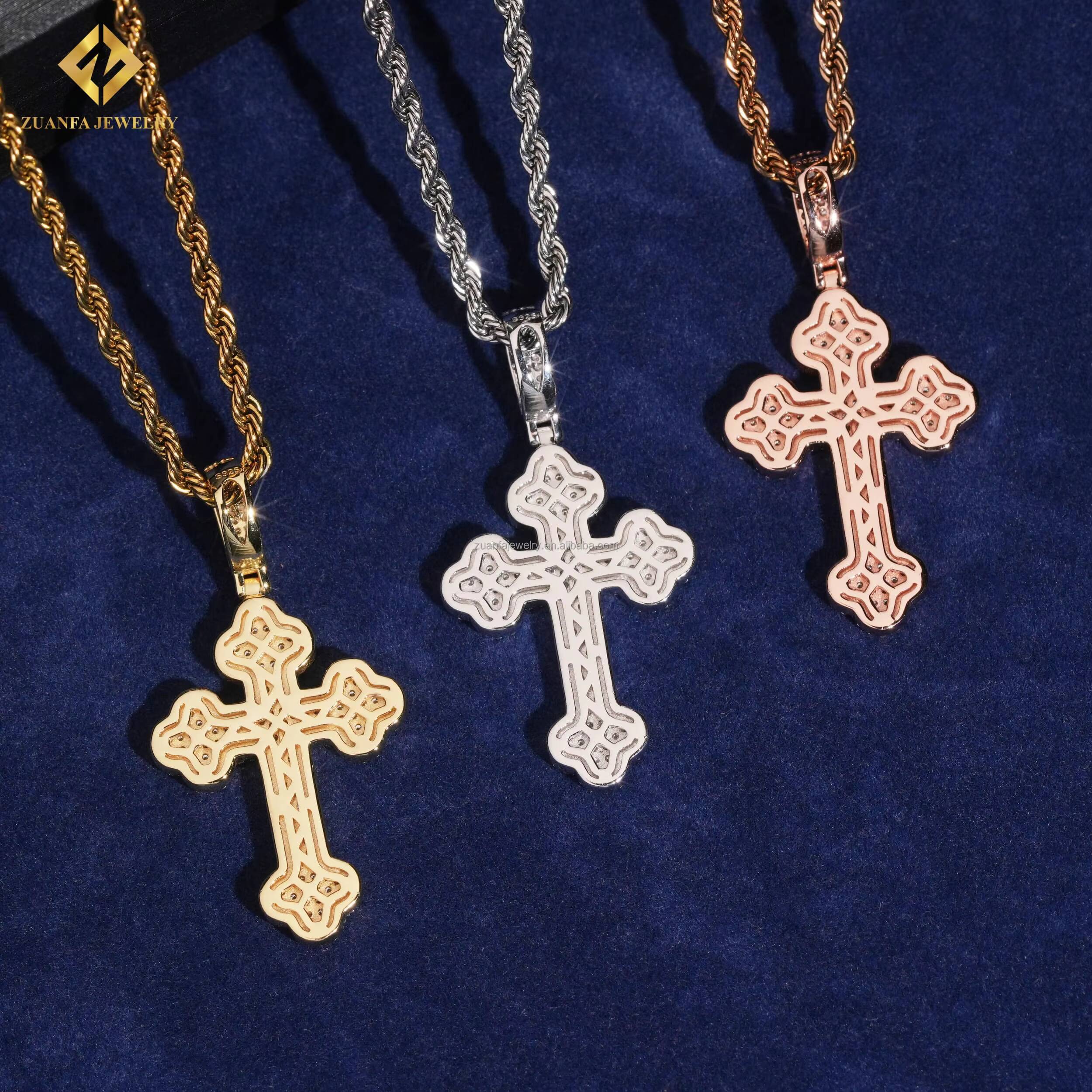 Bulk Stock Fire Jewelry Drop Shipping Fashion Hip Hop Iced Out Round Moissanite 925 Sterling Silver Cross Pendant Man Gift