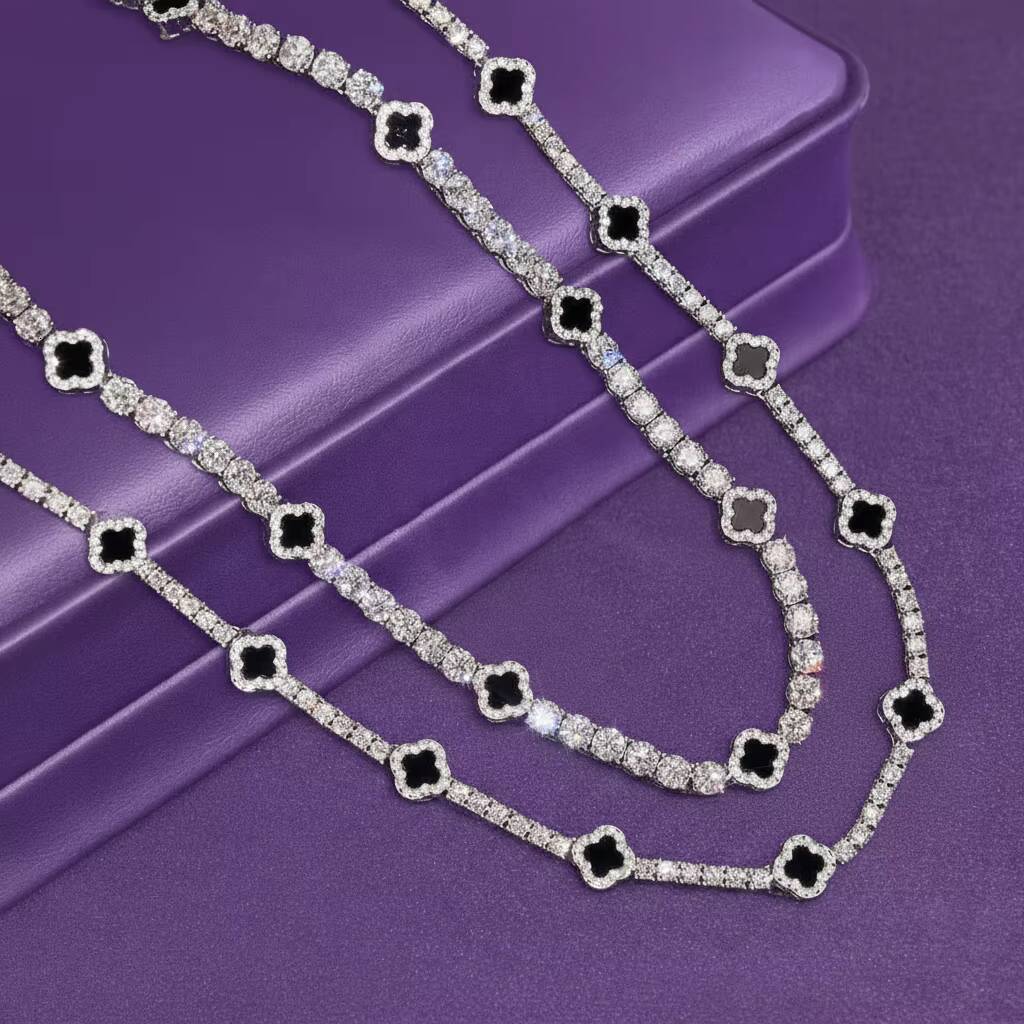 GRA 925 Solid Silver Tennis Chain 3mm 5mm Black Agate Clover Moissanite Tennis Chain Necklace Bracelet Fine Moissanite Jewelry