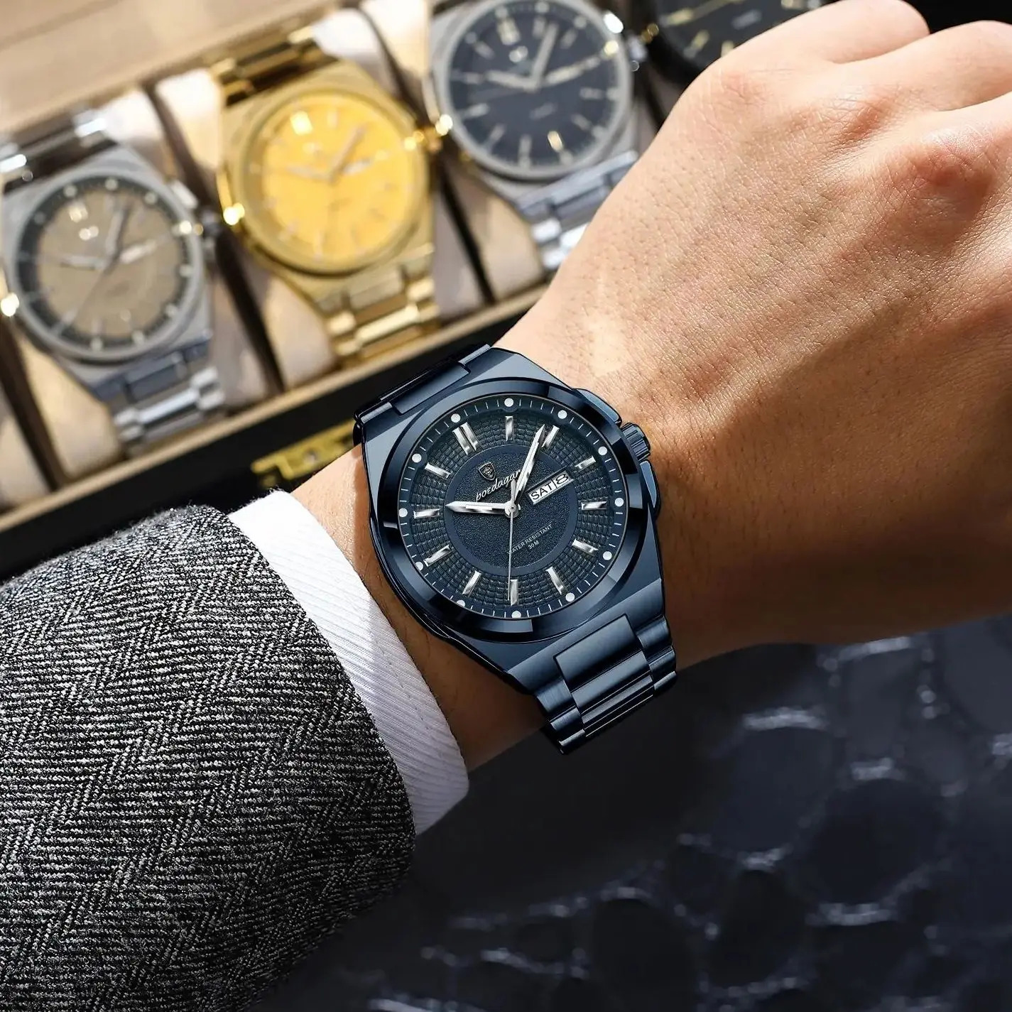 POEDAGAR Fashion Classic Men Wristwatches Stainless Steel Waterproof Luminous Man Watch Date Week Quartz Business Mens Watches 260114