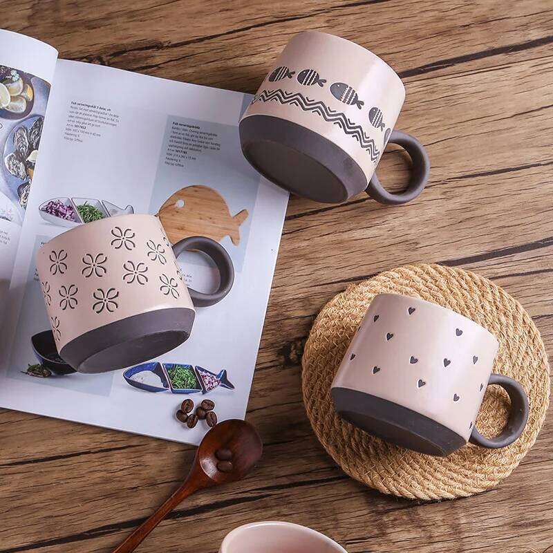 Underglaze Hand Painted Ceramic Mug Set Coarse Pottery Cute Pattern Large Coffee Cup for Couples Matching Pair Gift