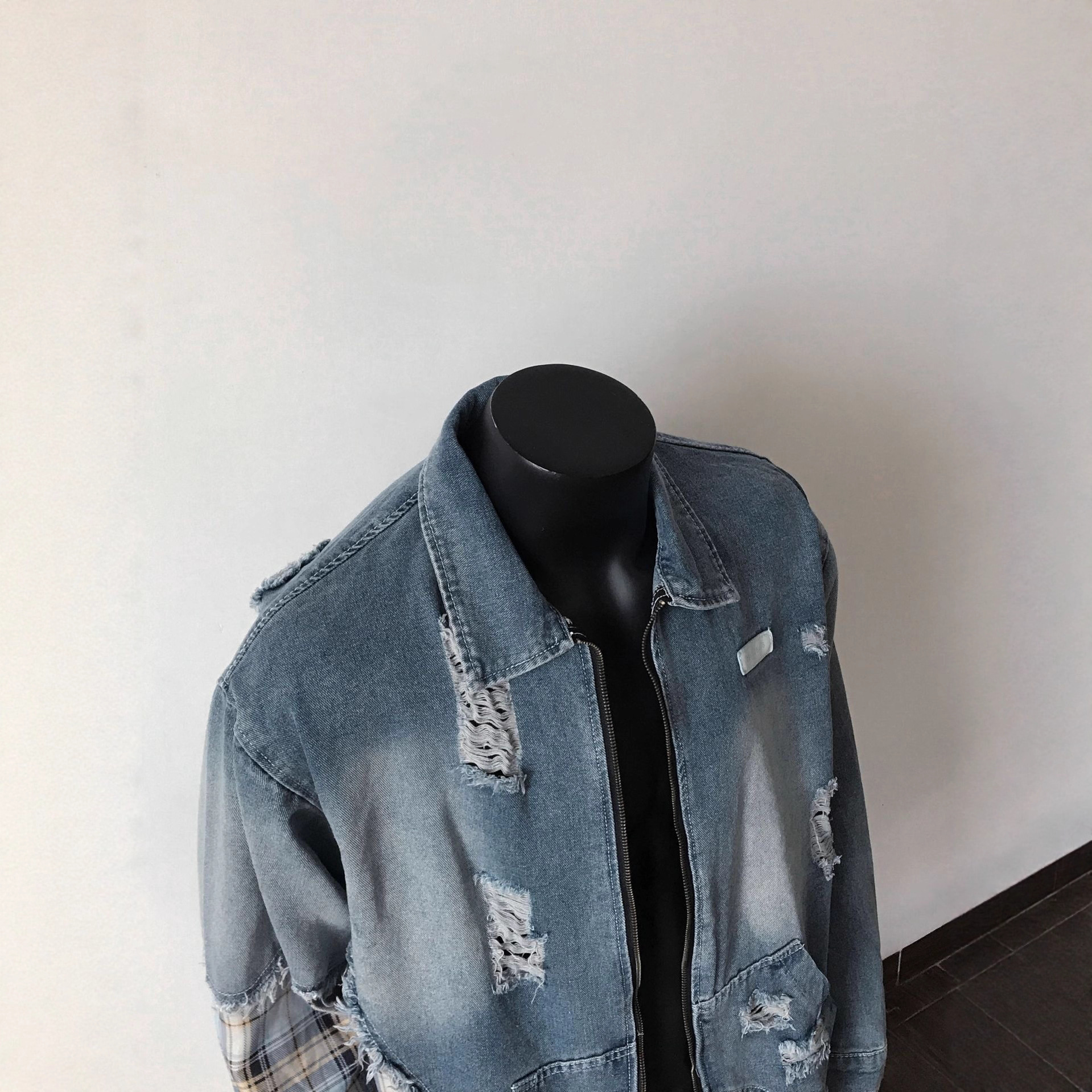 Luxury Brand Designer Clothes American Style Trendy Irregular Plaid Patchwork Distressed Denim Jacket For Men Retro Ins Trend Couple Coat Top