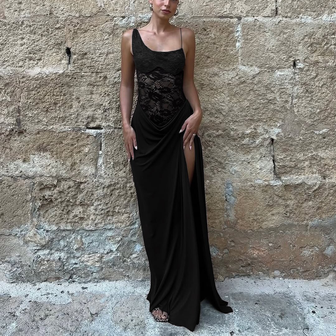 New casual dress summer solid color hollow slim fit formal occasion dress fashionable backless long women 2025 lace patchwork dress