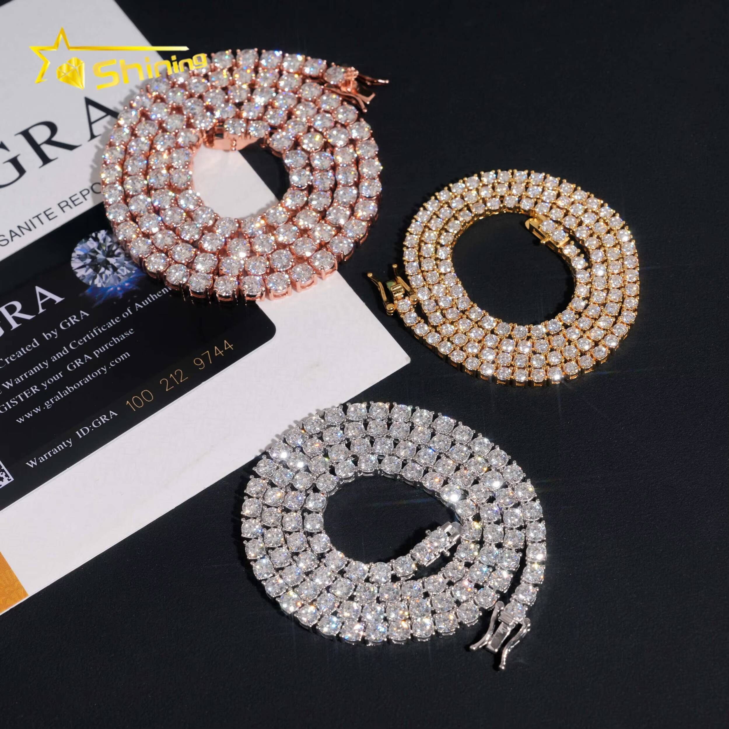 Wholesale 3MM Hip Hop Iced Out S925 Sterling Silver D-VVS Lab Diamond Moissanite Tennis Chain Necklace Pass Diamond Tester