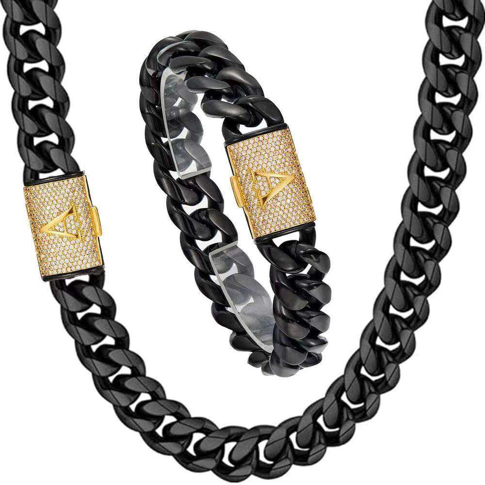 Men's New Black Cuban 26 English Letters Flip-Over Drill Buckle Stainless Steel Password Chain fashion Necklace