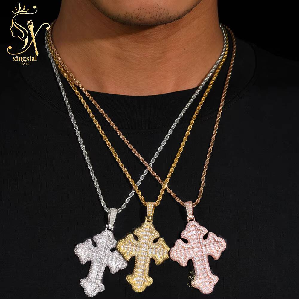 Xingsial Custom Hip Hop Women Men Jewelry Cross Vvs Pure Silver 925 Iced Out Moissanite Cross Pendant Without Chain