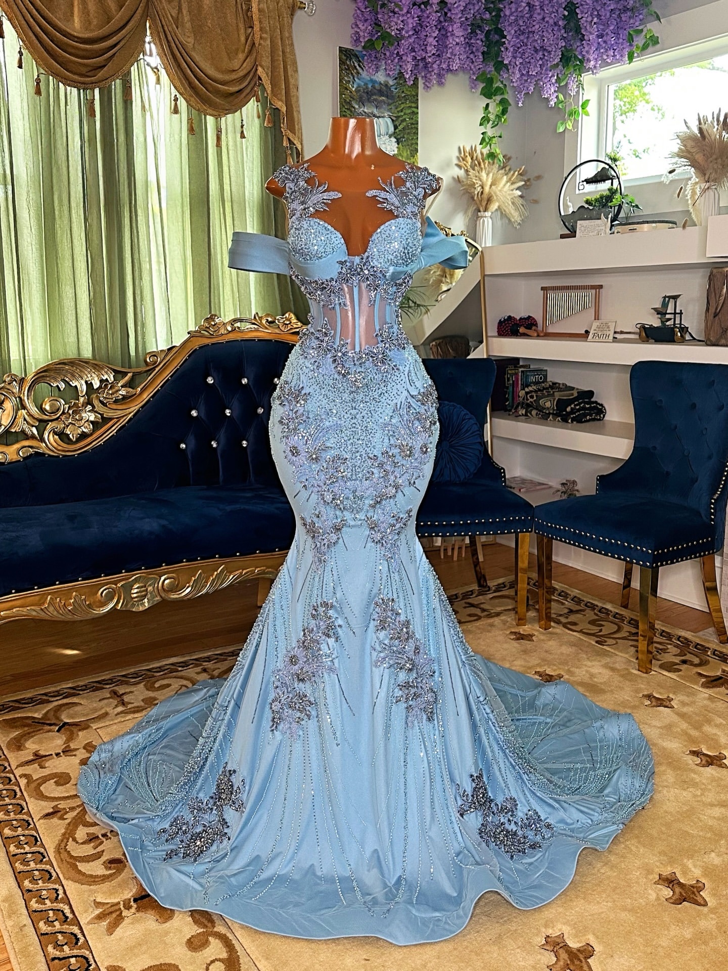 Aso Ebi Light Sky Blue Mermaid Prom Dresses 2026 Appliques Crystals Sheer Neck Evening Formal Party Second Birthday Engagement Gowns Dress For Special