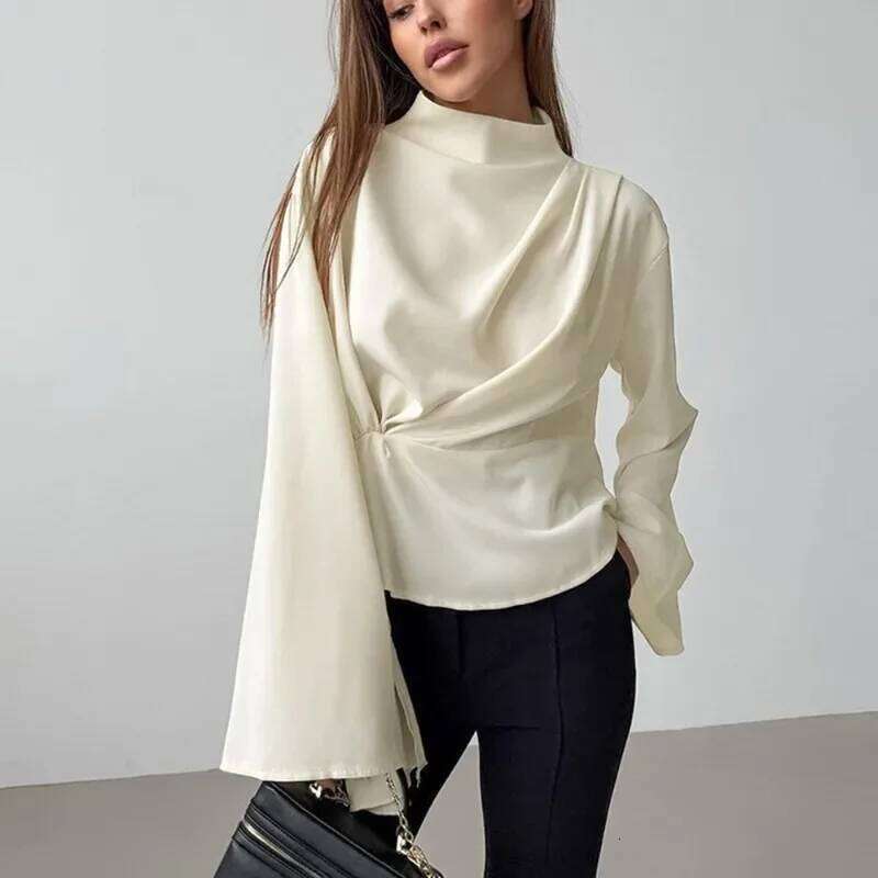 Chiffon Shirt Tops Women's Fashion Pleated Round Neck Long Sleeve Pullover Casual Office Lady Cardigan T-Shirt Blouses