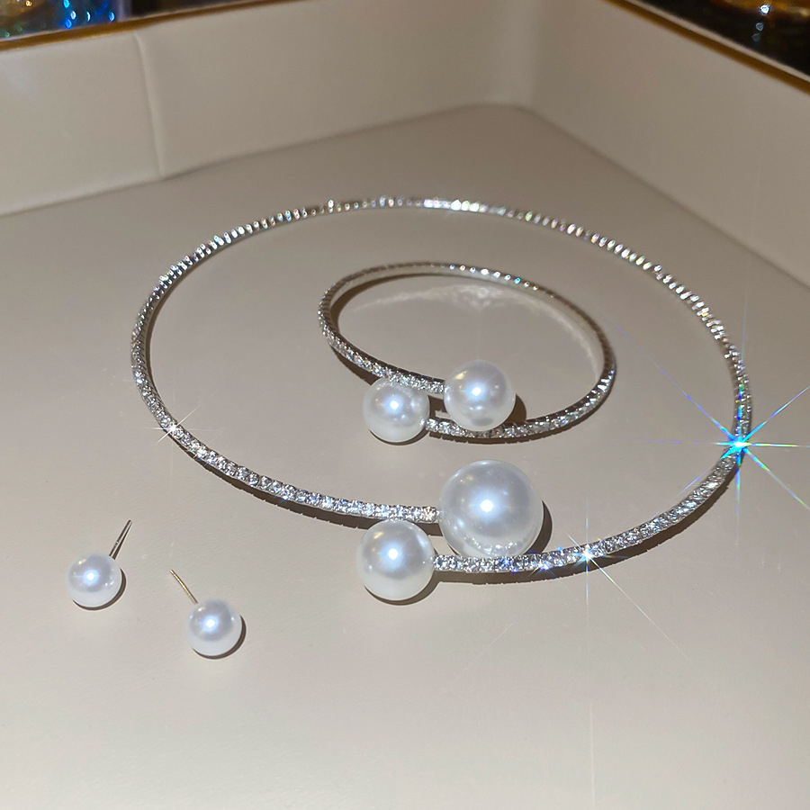 Trendy Single Row Silver Plated Choker Bracelet Set Pearl Round Korean Style Fresh Hanging Neck Chain U-Shaped - view 8