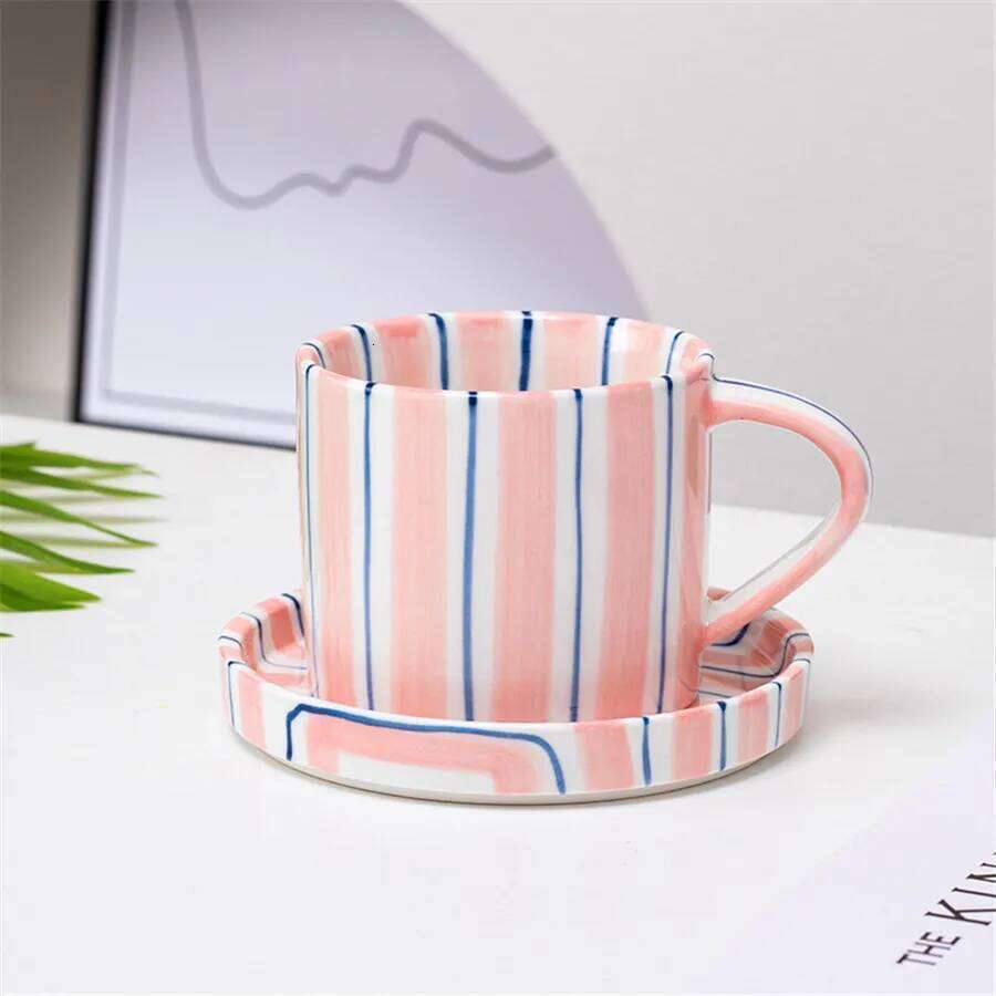 Minimalist striped hand drawn cup and plate set, ceramic milk 280ml/9.5oz afternoon tea coffee cup, household drinki