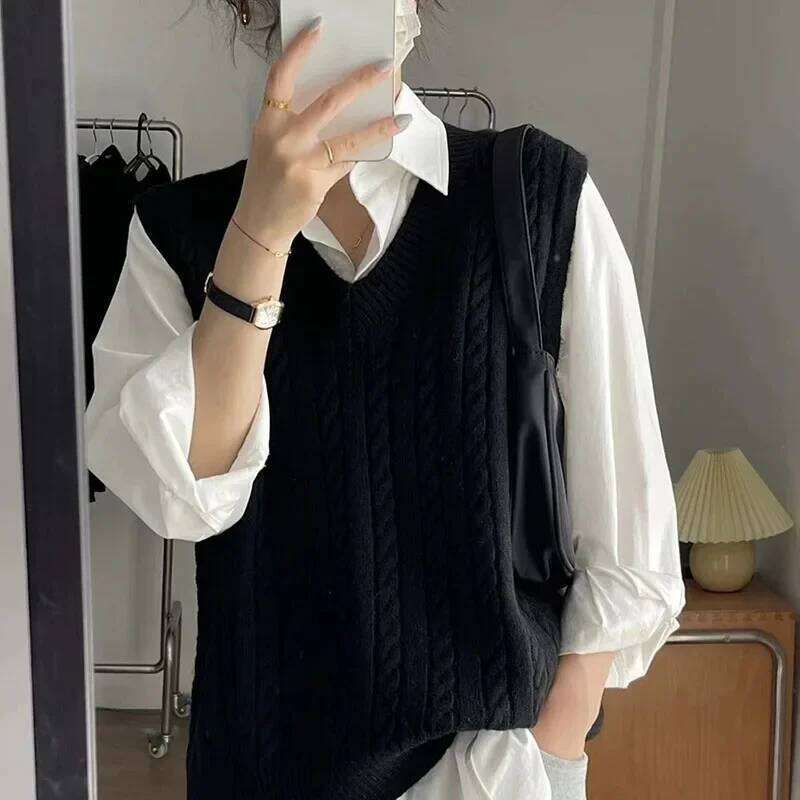 Women V-Neck Sweater Solid Color Sleeveless Loose Preppy Style Pullover Waistcoat Woman Casual Out Wear Knitted Jumper Vest