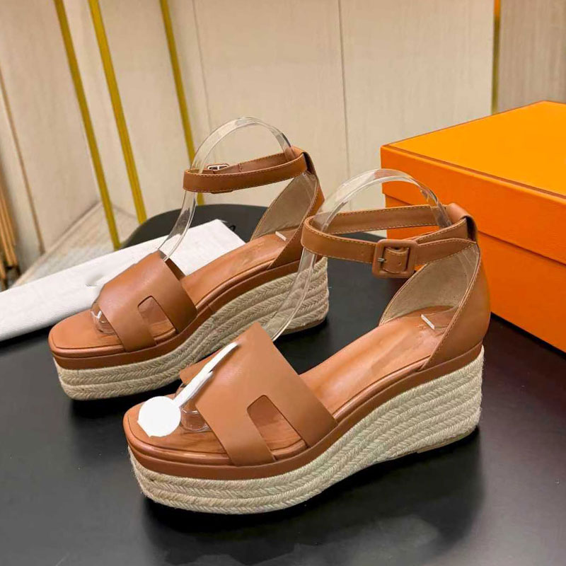 Womens Elda Espadrille Calfskin Sandals H231307Z Designer Wedged Rope Heel sandals Luxury Wrap Around Ankle Strap Thick Soled Shoes Sizes 35 42 With Dustbag