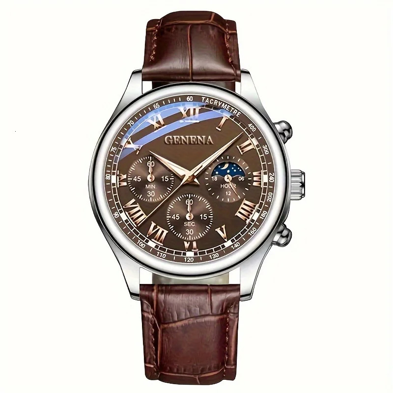 GENEVA High Quality Mens Belt Fashion Quartz Watch Men Round Business Student Sport Waterproof Glow Clock 260114