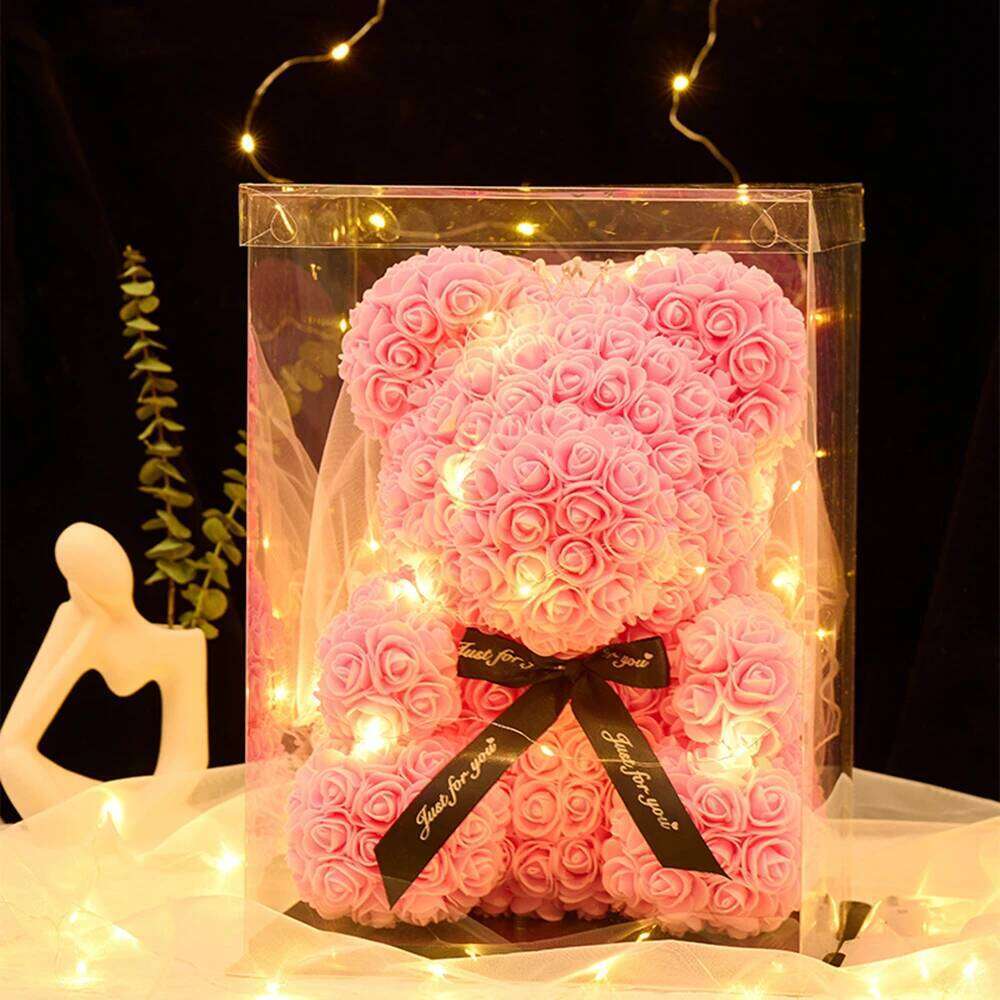 Artificial Teddy Rose Bear25cmWith Light Gift Box Romantic Anniversary Birthday Valentine's Day Present for Mom Girlfriend Child W260114