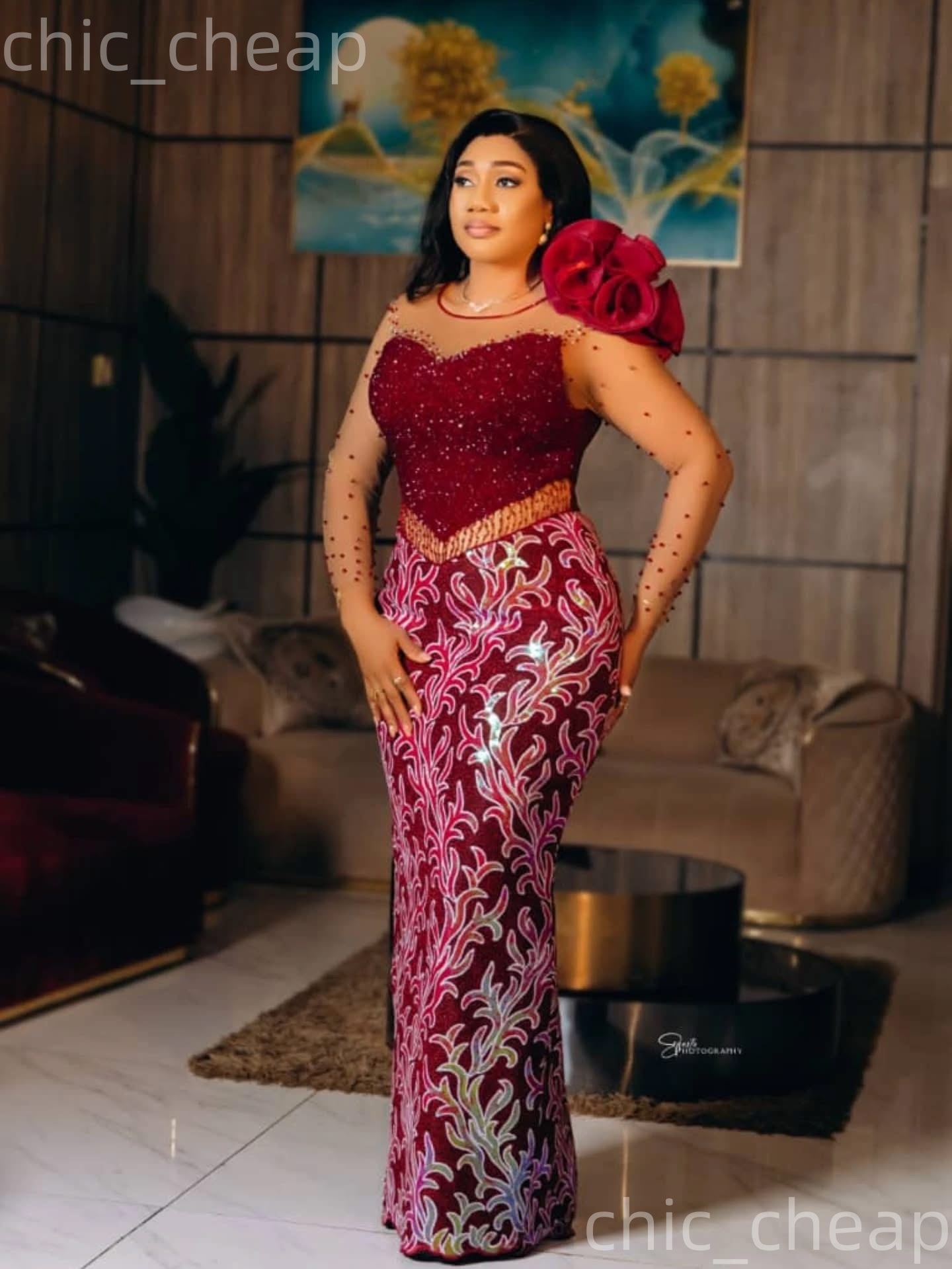 Aso Ebi Nigerian Burgundy Sheath Prom Dresses 2026 Beaded Sheer Neck Lace Evening Formal Party Second Birthday Engagement Gowns Dress For Special Occa