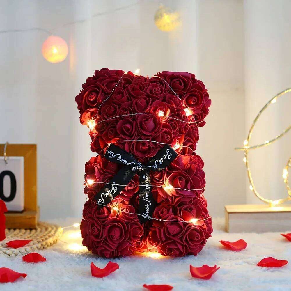 Valentines Day Artificial Teddy Rose Flower Bear with Box Romantic Gift Girlfriend Women Mother Birthday Wedding Party Deco 25cm C260114