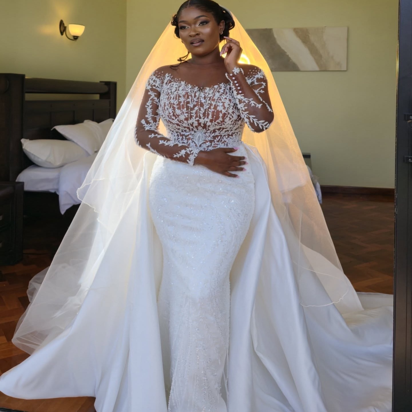 African Aso Ebi 2026 Ivory Mermaid Wedding Dress Illusion Sheer Neck Lace Beaded Full Sleeves Detachable Train Vintage Bridal Gowns Dresses ZJ233