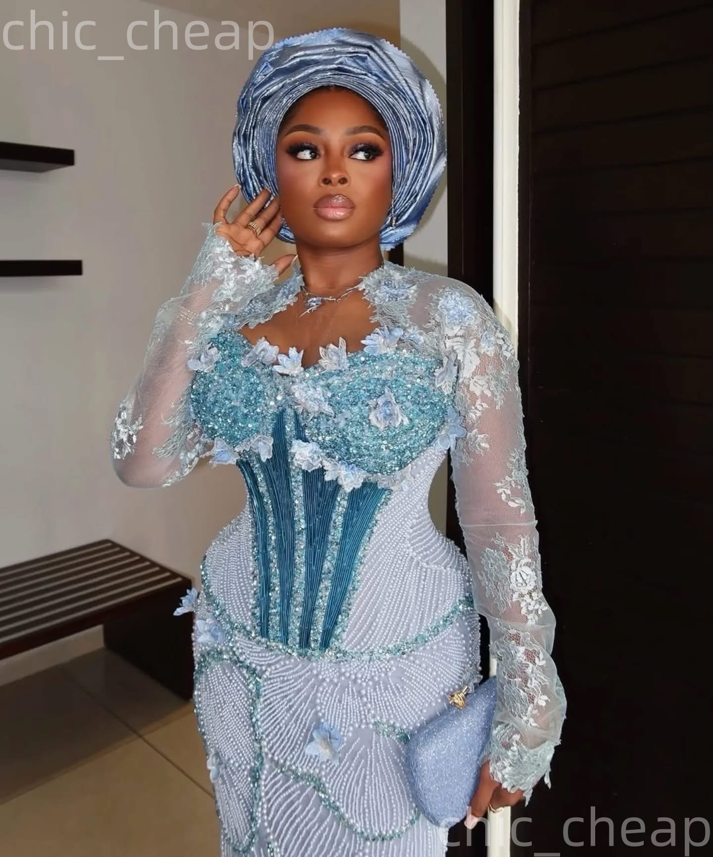 Aso Ebi Nigerian Light Sky Blue Sheath Prom Dresses 2026 Flowers Beaded Sequined Evening Formal Party Second Birthday Engagement Gowns Dress For Speci