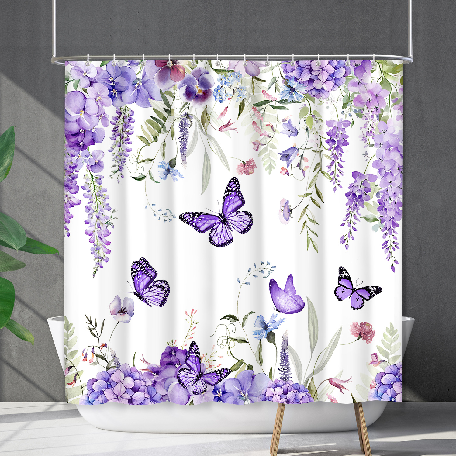 YL-38162 Waterproof Shower Curtain Set with Floral Flowers, Butterflies, and Other Floral Designs - Shower Cover - No Drill Required