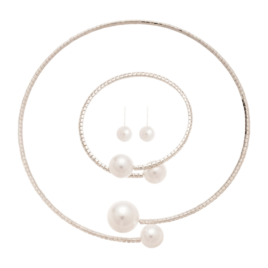 Trendy Single Row Silver Plated Choker Bracelet Set Pearl Round Korean Style Fresh Hanging Neck Chain U-Shaped - view 9