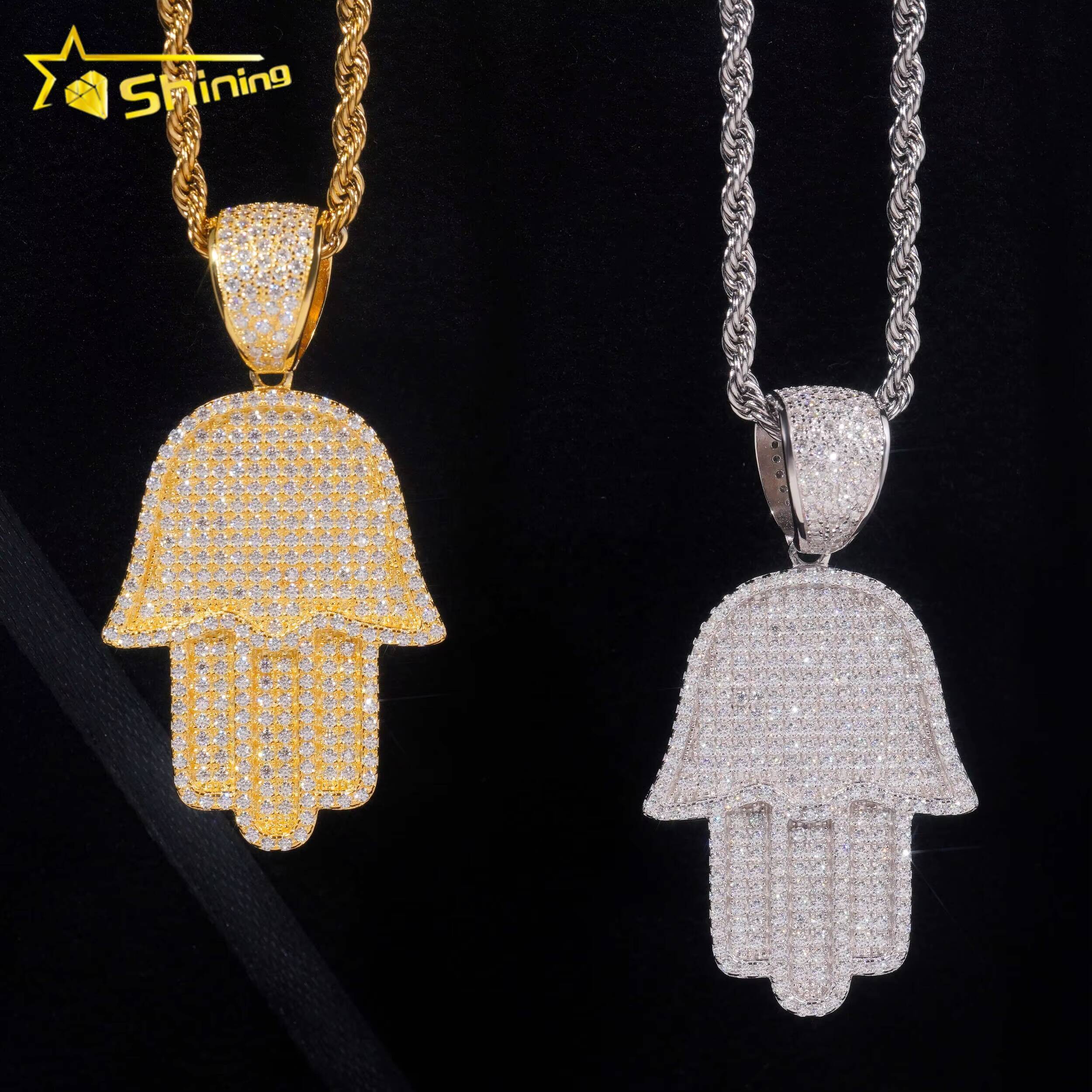Iced Out Jewelry Pass Diamond Tester 925 Sterling Silver Hip Hop Moissanite Hamsa Hand Pendant