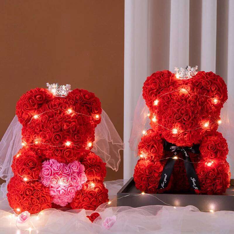 Mother's Day 25cm Artificial Teddy Rose Flower Bear with Box Romantic Gift Girlfriend Women Mother Birthday Wedding Party Deco W260114