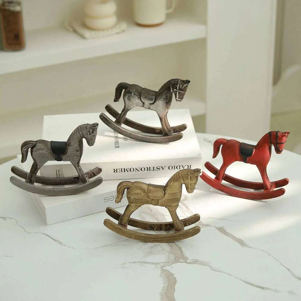 Wooden Nordic Retro Rocking Horse Ornament Desk & Decor Balance Art Adornment Creative Hand Carved Animal Figurines Xmas Kids Gift Crafts