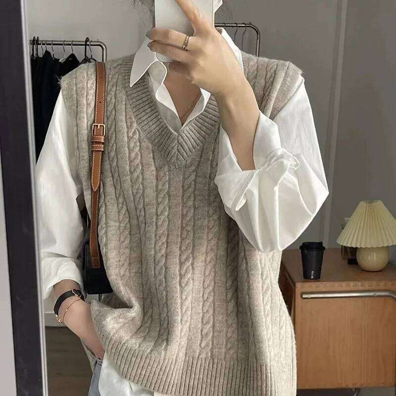 Women V-Neck Sweater Solid Color Sleeveless Loose Preppy Style Pullover Waistcoat Woman Casual Out Wear Knitted Jumper Vest