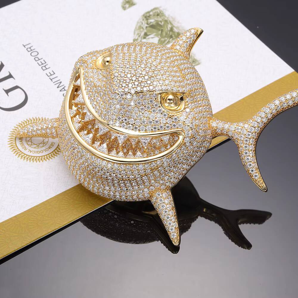 New Hip Hop Shark Pendant VVS Moissanite Silver Round Brilliant Cut Claw Setting Unisex