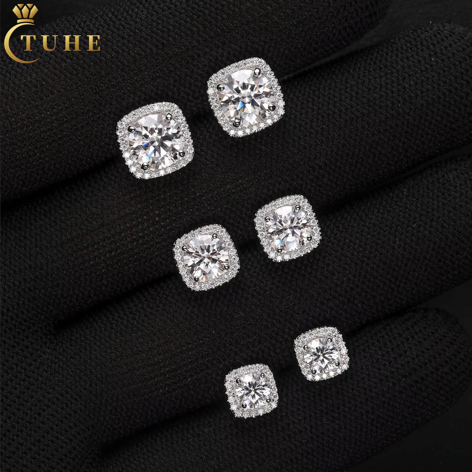 Pass Diamond Tester Moissanite Cube Halo Earrings Luxury 18K White Gold 925 Sterling Silver VVS Mossanite Ear Stud for Men
