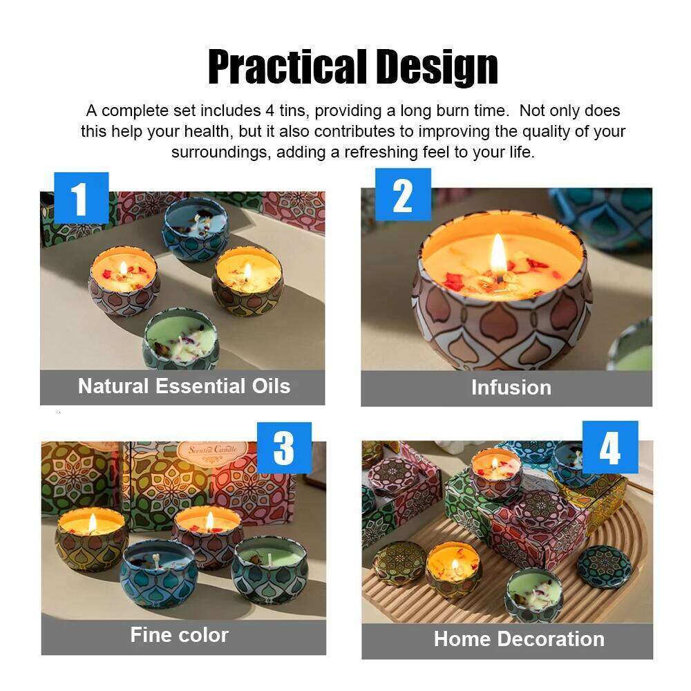Valentine's Day 4Pcs Scented Set, Soy Wax Candle in Metal Tin Aromatherapy Candles with Floral Scents Home Decor Gift for Women 26W0114 W260303