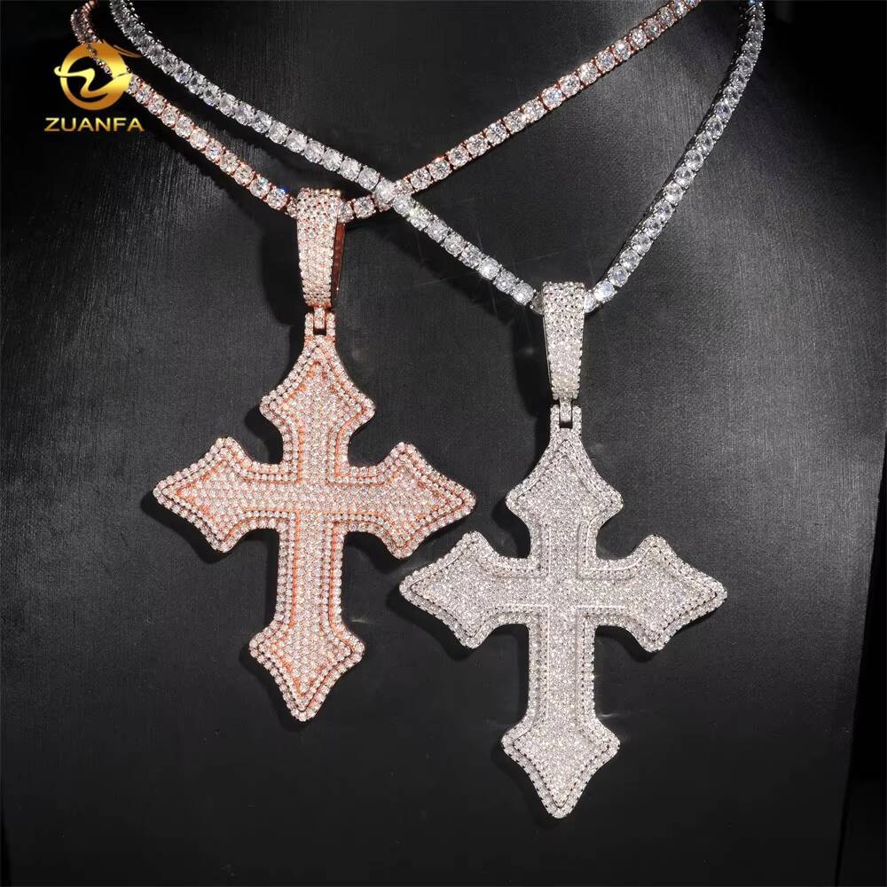 Custom Made Iced Out Charm 925 Silver Diamond Cross Men Hip Hop Rose Gold Moissanite Pendant