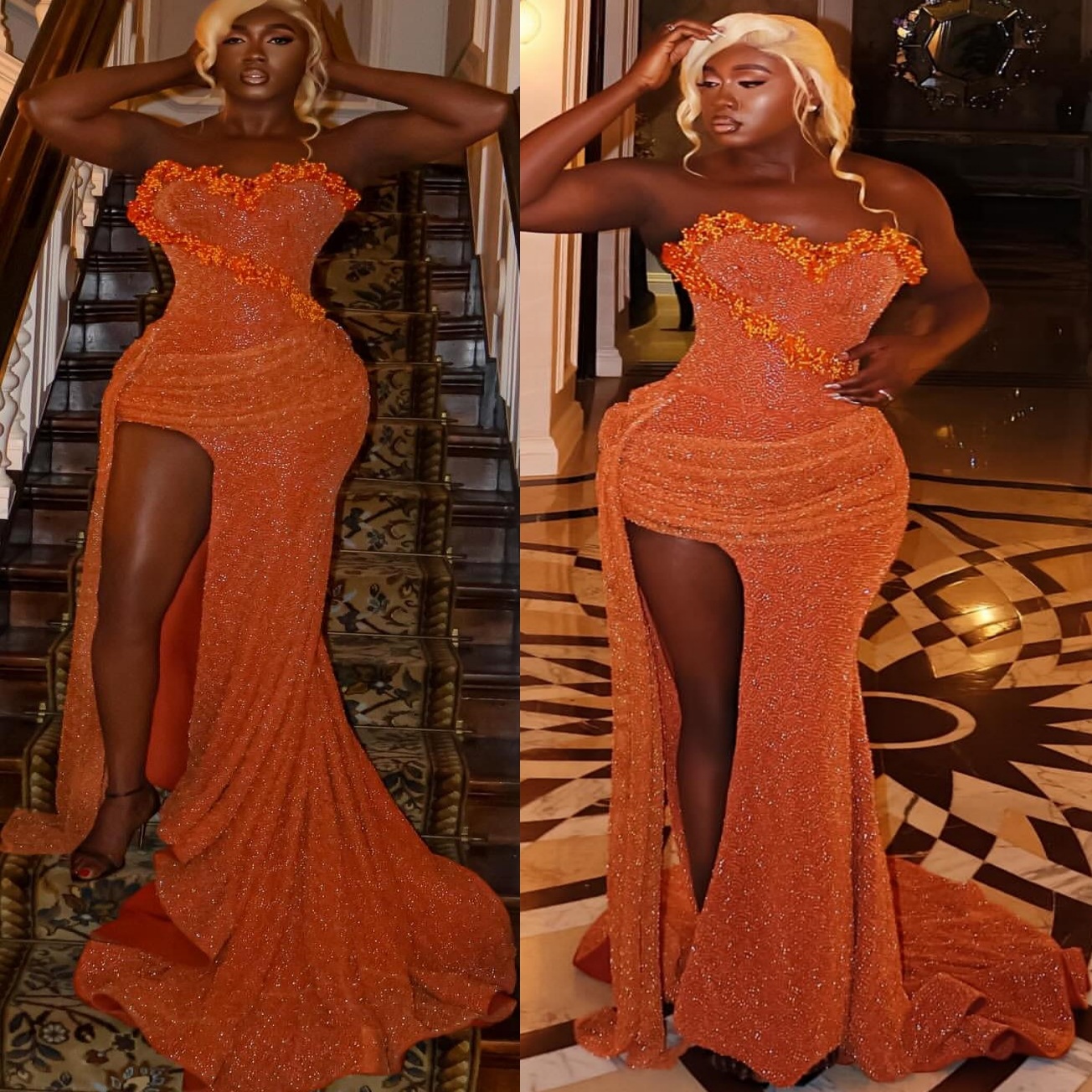 Aso Ebi Burnt Orange Mermaid Prom Dresses 2026 Beaded High Split Sequined Evening Formal Party Second Birthday Engagement Gowns Dress For Special Occa