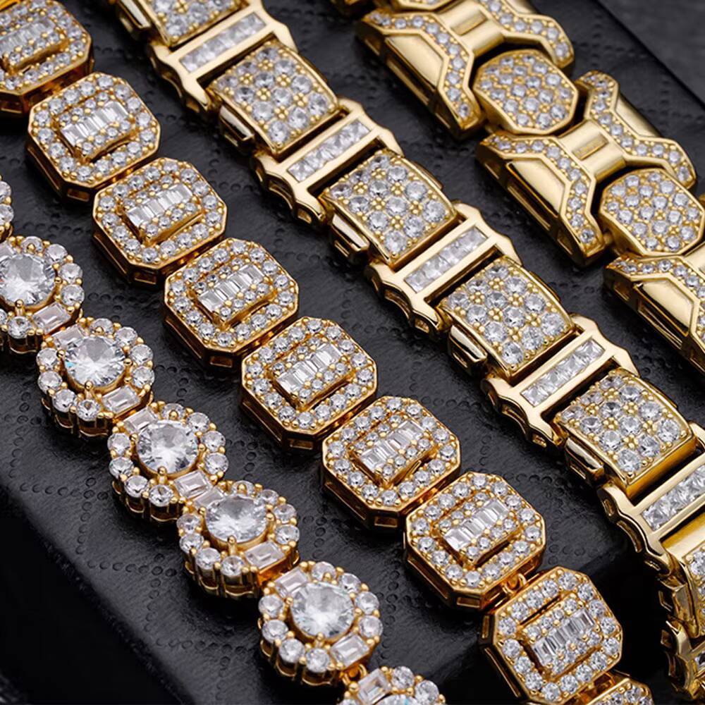 95mm Button Rock Sugar Micro Inset Cubic Zircon Round Gold Plated 14K Iced Sugar 925 Silver Hip Hop Cuban Link Chain Bracelets