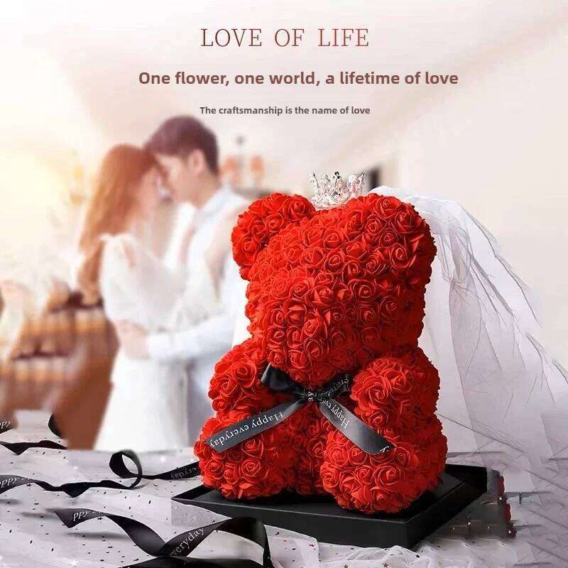 Valentines Day 25cm Artificial Teddy Rose Flower Bear with Box Romantic Gift Girlfriend Women Mother Birthday Wedding Party Deco W260114