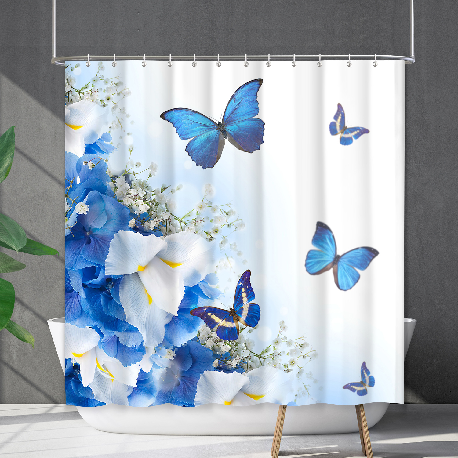 YL-38163 Waterproof Shower Curtain Set with Floral Flowers, Butterflies, and Other Floral Designs - Shower Cover - No Drill Required