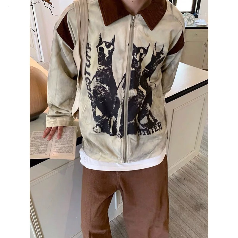 Luxury Brand Designer Clothes American Retro Vintage Worn-Out Wasteland Style Workwear Jacket For Men, Spring And Autumn Trendy Loose Tie-Dye Printed 