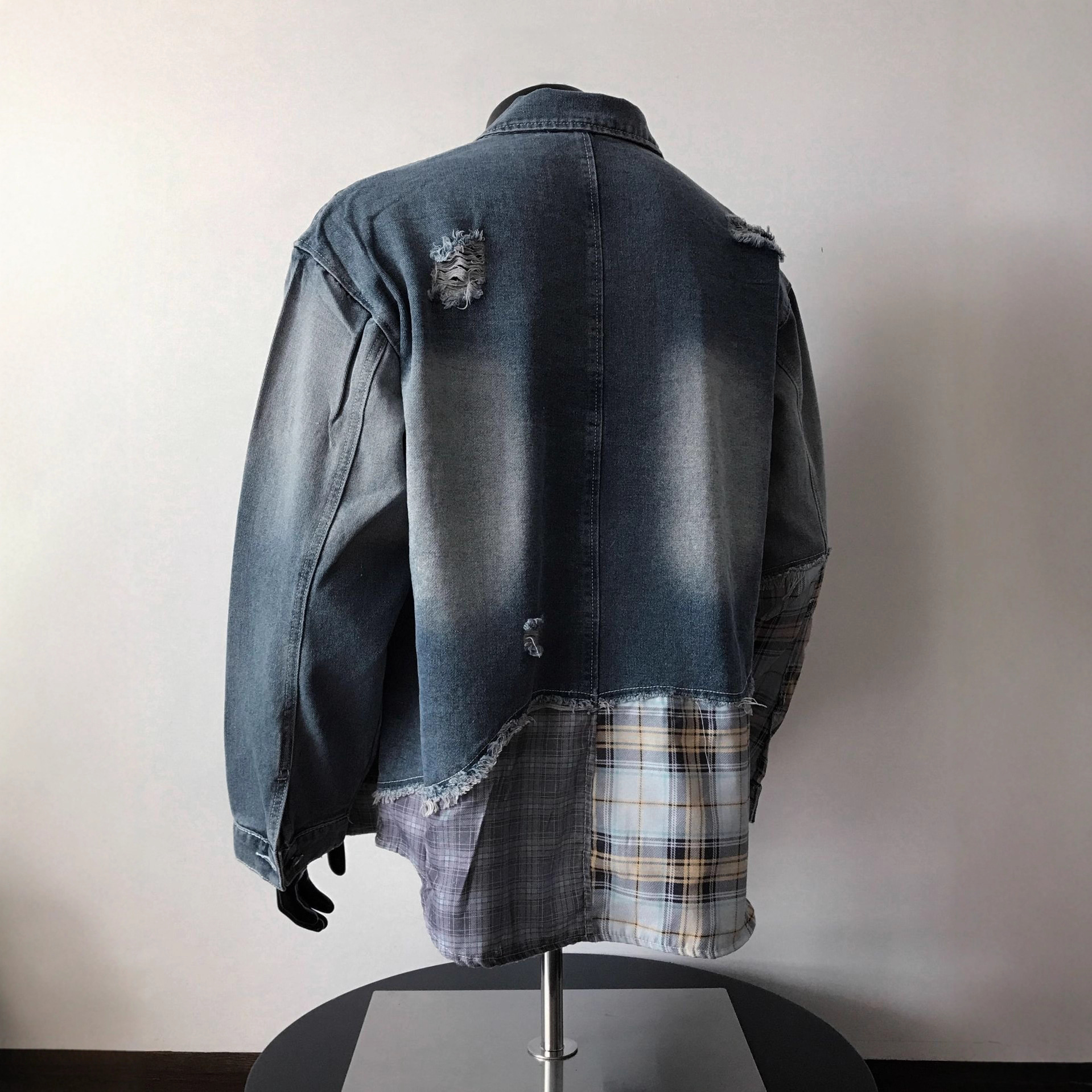 Luxury Brand Designer Clothes American Style Trendy Irregular Plaid Patchwork Distressed Denim Jacket For Men Retro Ins Trend Couple Coat Top