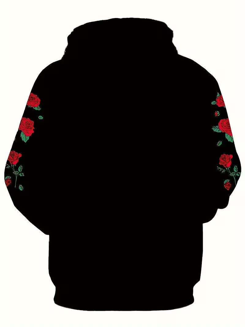 Men's Black Red Rose Print Hoodie - Floral Pattern Casual Pullover Hooded Sweatshirt