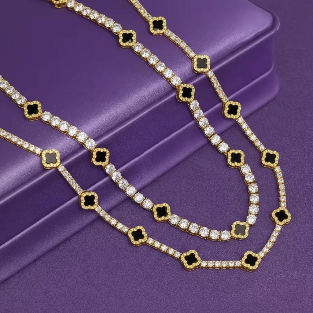 GRA 925 Solid Silver Tennis Chain 3mm 5mm Black Agate Clover Moissanite Tennis Chain Necklace Bracelet Fine Moissanite Jewelry