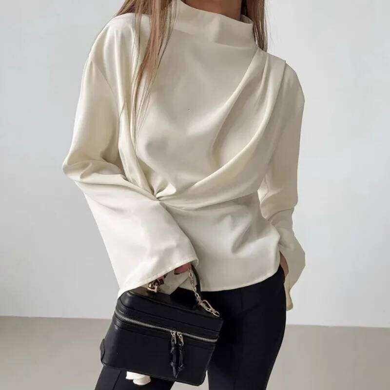 Chiffon Shirt Tops Women's Fashion Pleated Round Neck Long Sleeve Pullover Casual Office Lady Cardigan T-Shirt Blouses