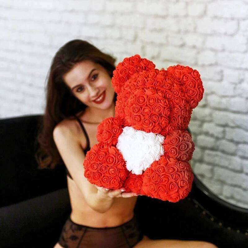 Red 40cm Of Roses Artificial Flower Rose Teddy Bear For Women Valentine's Day Wedding Birthday Christmas Gift W260114