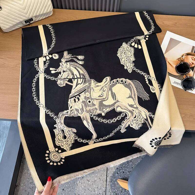 2026 winter shawl fabric elegant chain horse print design warm cashmere blanket