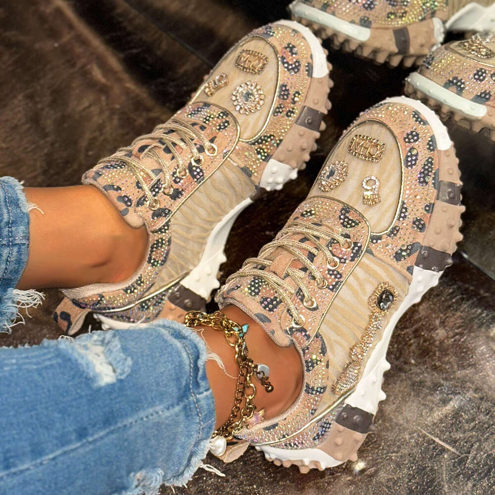 2025 Autumn New Leopard Print Rhinestone Thick Sole Casual Sports Shoes for Women