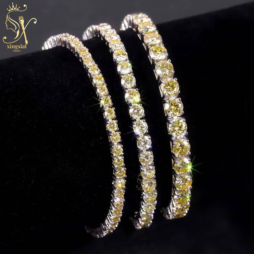 Xingsial Wholesale Hip Hop Jewelry GRA Yellow Color 925 Sterling Silver 3mm 4mm 5mm Vvs Diamond Bracelet Moissanite Tennis Chain