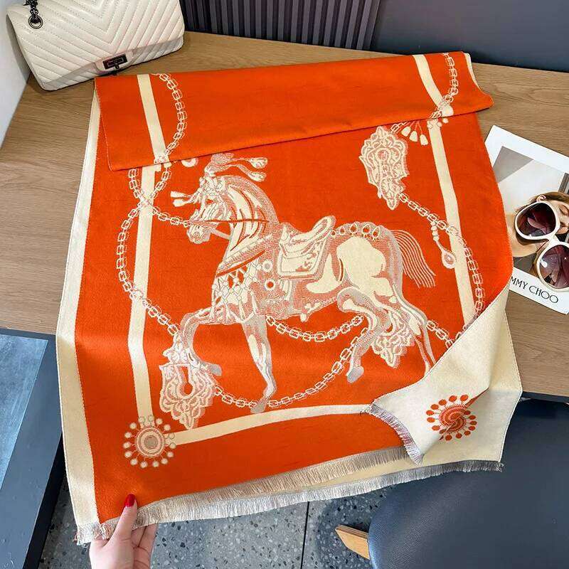 2026 winter shawl fabric elegant chain horse print design warm cashmere blanket