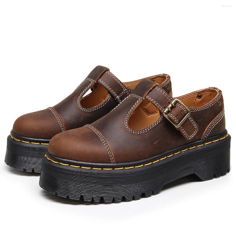Casual Shoes Crazy Horse Cow Leather Women Thick Bottom Leisure Buckle Strap Mary Jane