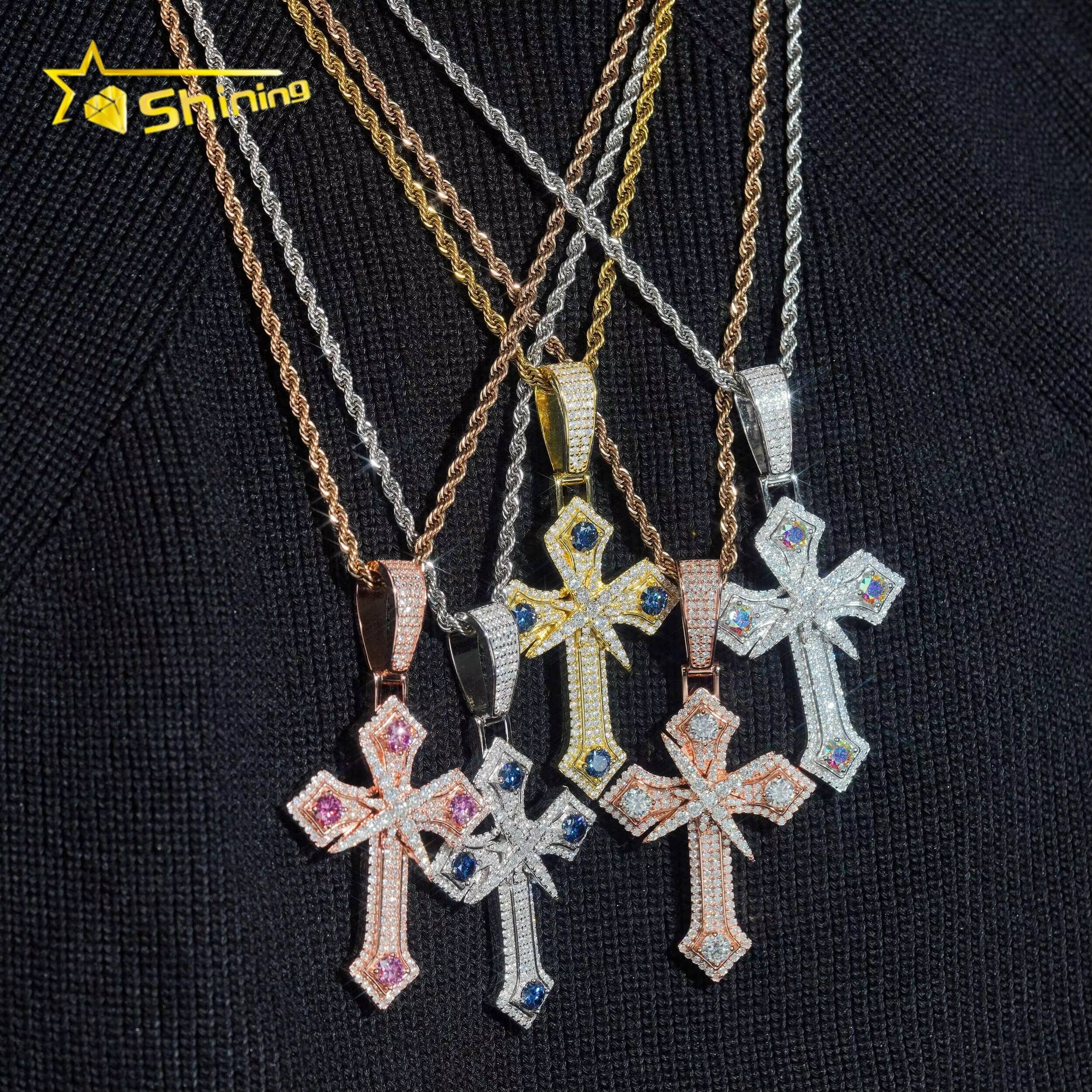 Hot Selling Hip Hop VVS Colorful Moissanite Cross Pendant Fine Jewelry Custom Men Iced Out Moissanite Pendant Charms