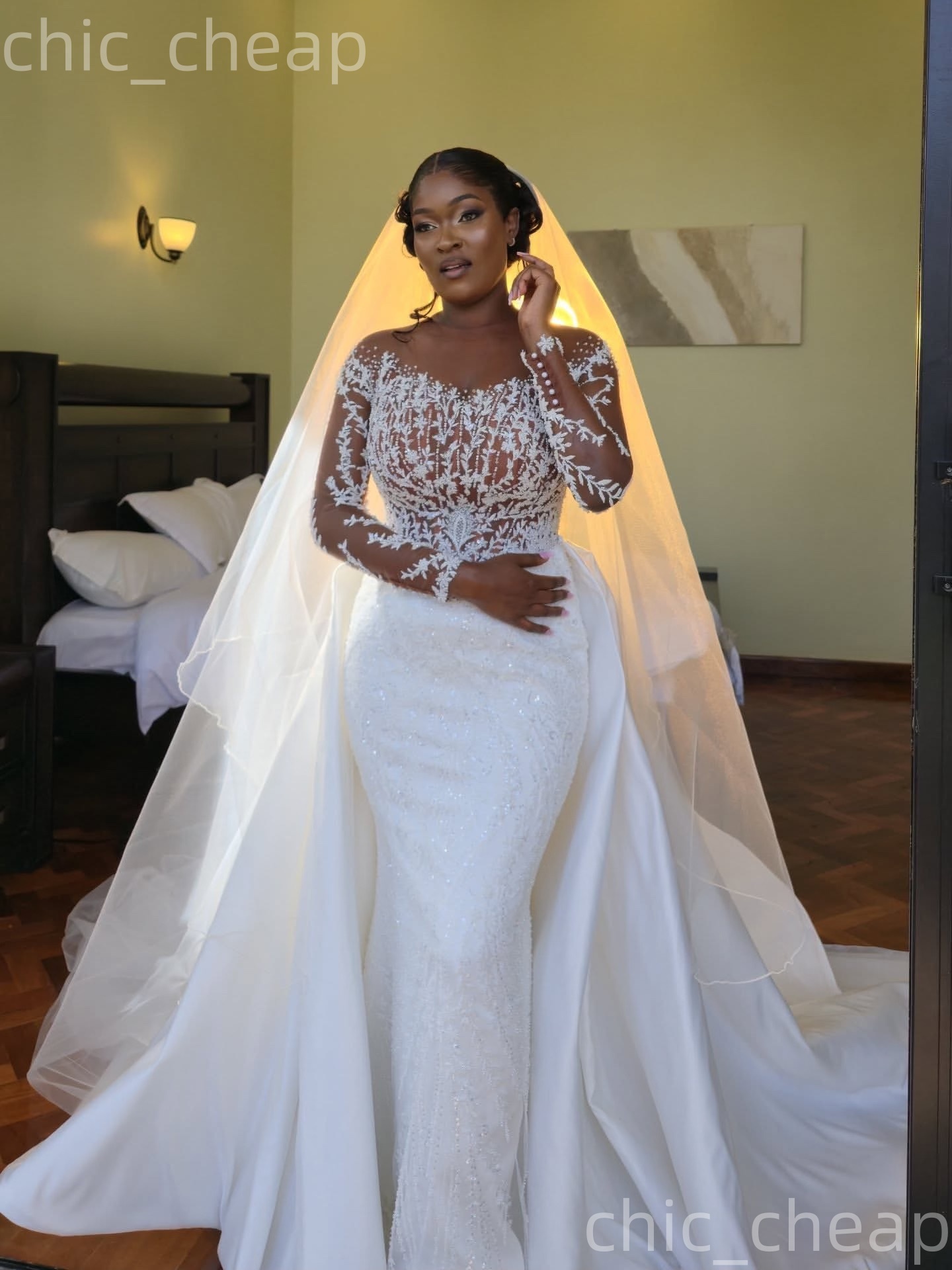 African Aso Ebi 2026 Ivory Mermaid Wedding Dress Illusion Sheer Neck Lace Beaded Full Sleeves Detachable Train Vintage Bridal Gowns Dresses ZJ233