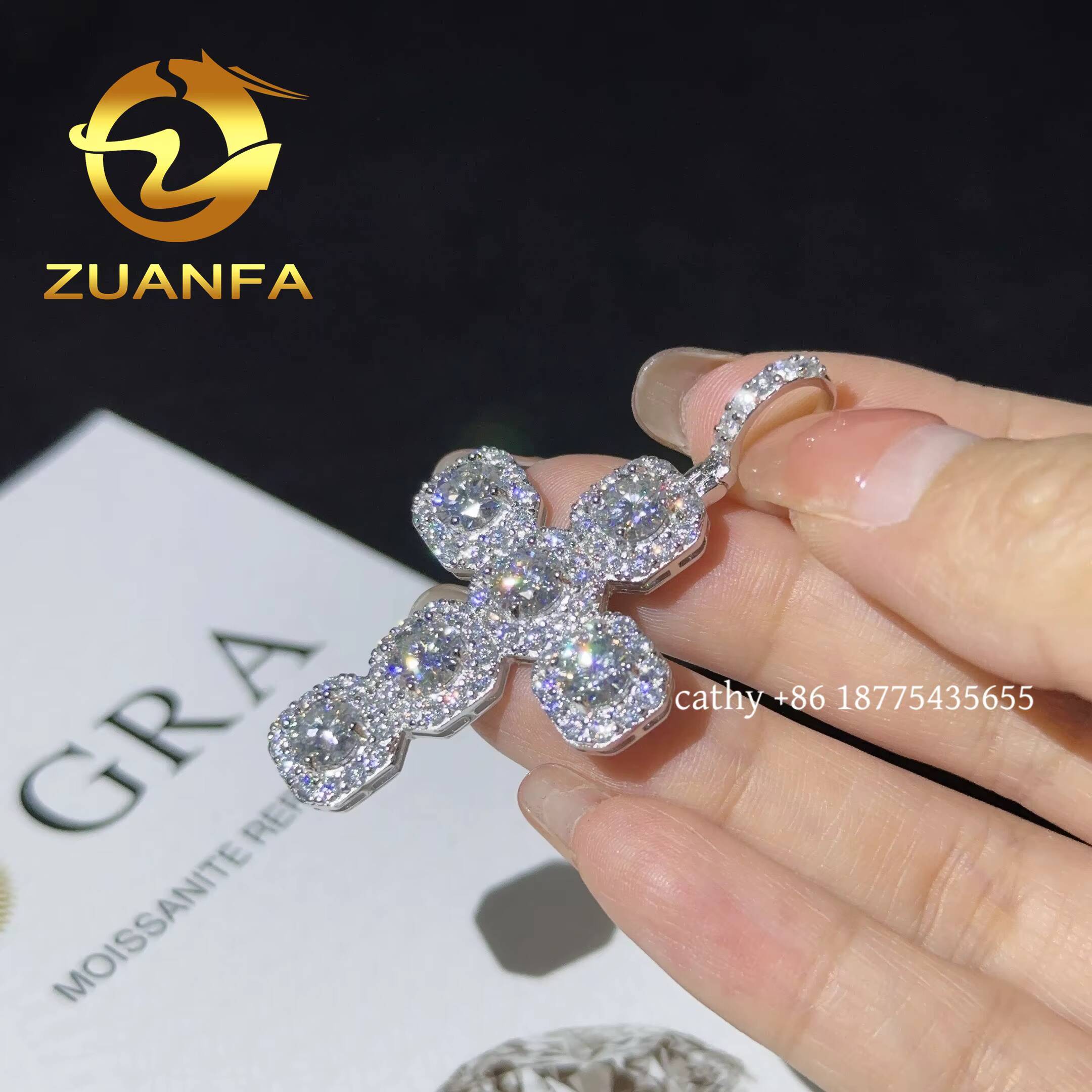 Ready to Ship D VVS Moissanite Hip Hop Iced Out Pendant 925 Silver Cross Pendant With Free Stainless Steel Rope Chain
